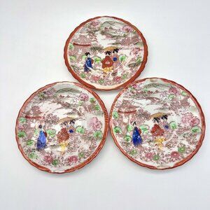 Vintage Japanese Saucer Plates Set Of 3 Hand Painted Asian Geisha Ware